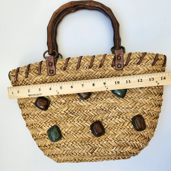 Boho Summer Woven Straw Bag Gem Stones Embellished Beach - Picture 16 of 17